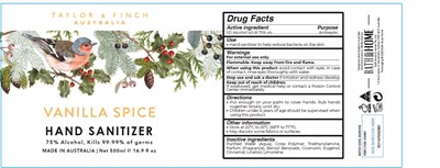 Label Image (Taylor And Finch Xmas Vanilla Spice Hand Sanitizer 500 mL 75vv)